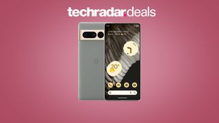 Google Pixel 7 on a purple background with TechRadar deals logo