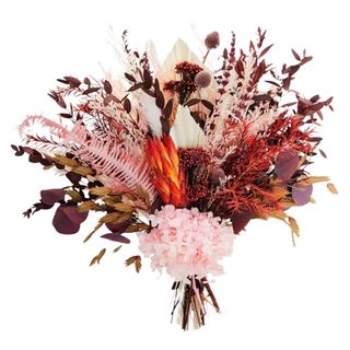 A bouquet of pink, purple, and orange dried flowers