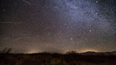 Meteors are pictured swarming through a starry sky above a grassy plain.