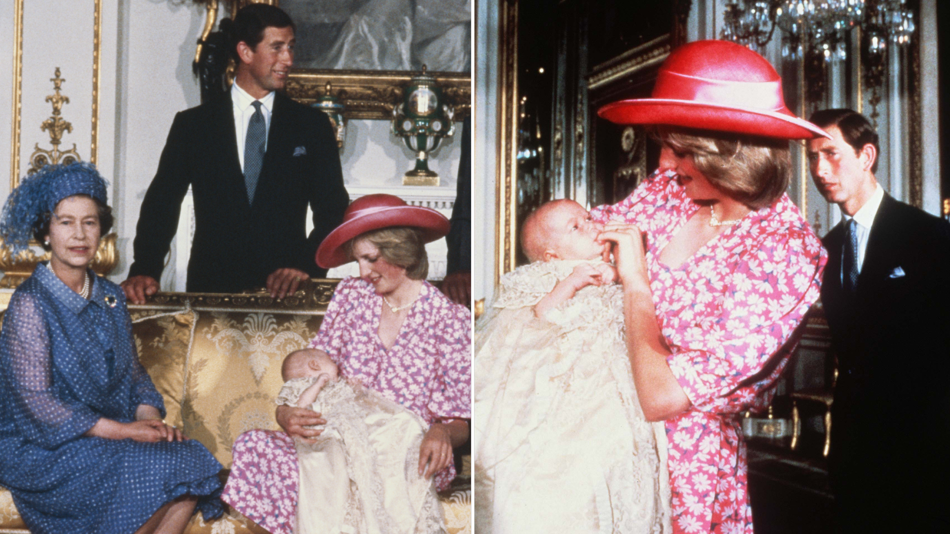 Princess Diana wears a pink floral dress and pink hat to hold Prince William on August 4, 1982 at his royal christening