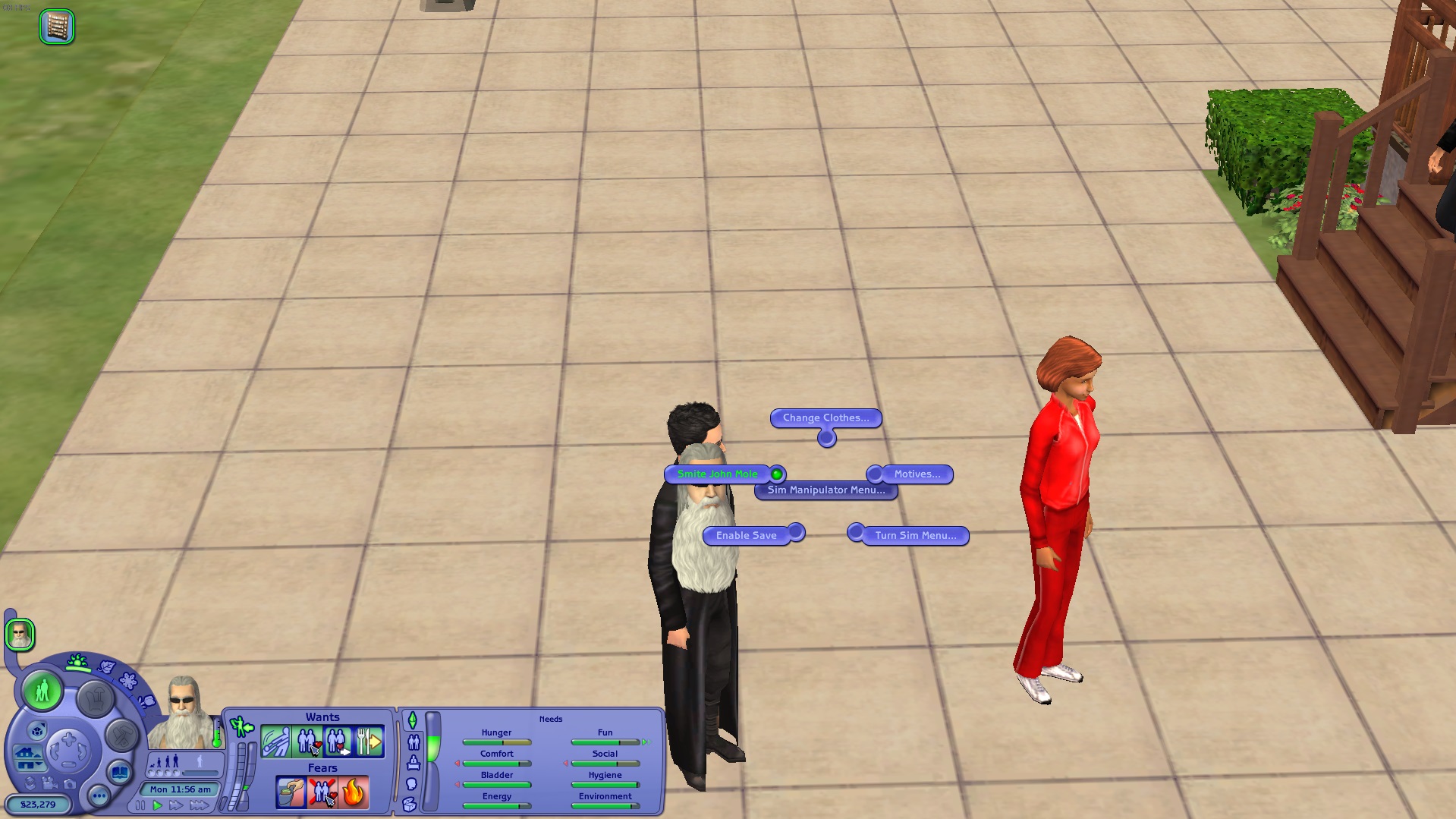 The Sims 2 - An interaction menu allows the player to smite a sim and change their motives or clothes