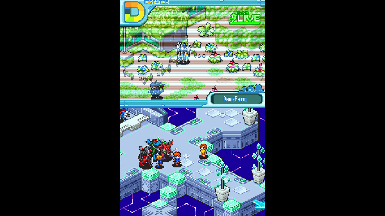 Exploring the world in Digimon World DS as your Digi-Farm is displayed on the second screen