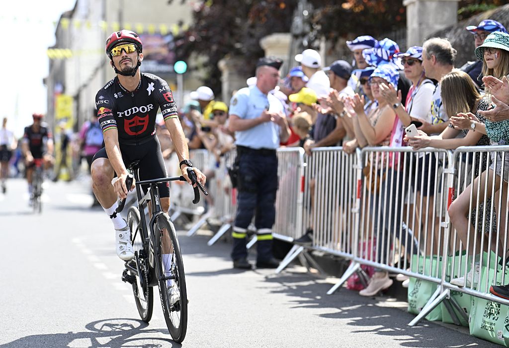 French Julian Alaphilippe of Tudor Pro Cycling Team pictured at the start of stage 10 of the 2025 Tour de France cycling, from Ennezat to Le Mont-Dore Puy de Sancy (169 km), on Monday 14 July 2025 in France. The 112th edition of the Tour de France starts on Saturday 5 July in Lille, France, and will finish in Paris, France on the 27th of July. BELGA PHOTO JASPER JACOBS (Photo by JASPER JACOBS / BELGA MAG / Belga via AFP)