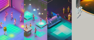 An AI generated quadriptych of a party in space overshadowed by a burning Earth