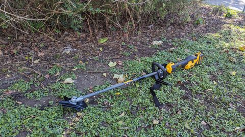 dewalt string trimmer with brushcutter attachment next to a hedge