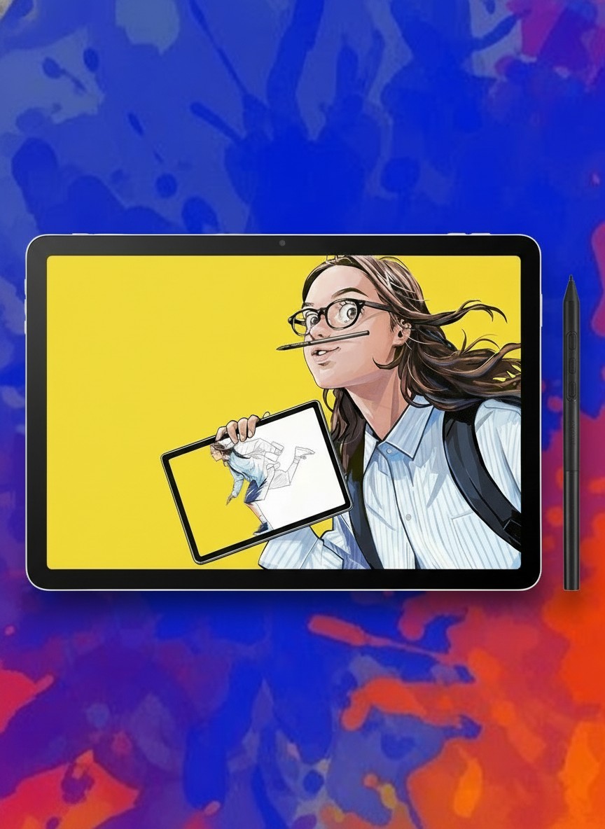 Black drawing tablets on colourful painted backgrounds