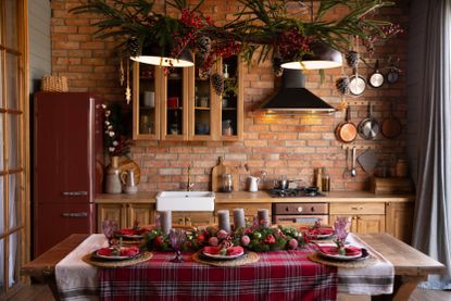 A modern kitchen decorated for the holidays