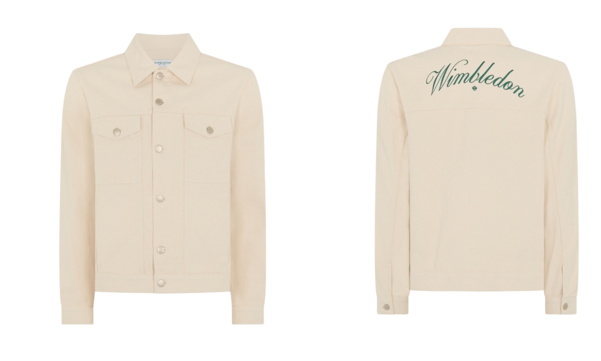 an image of the ecru jacket showing both the front - which have two front pockets, collar, and round silver buttons - and the back, which has 'Wimbledon' written across the back in a cursive font