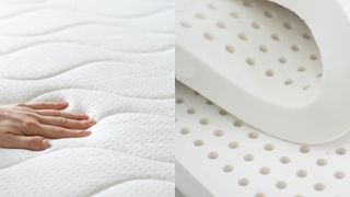 A split screen showing a memory foam mattress on the left and a latex mattress on the right