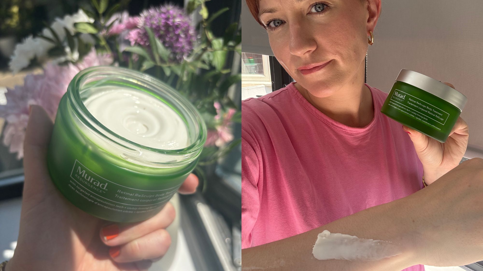 a tub of murad body sculpt next to matilda holding it