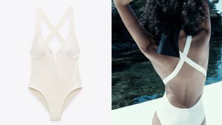 composite of Zara Swimsuit with Crossover Straps flat lay and on model