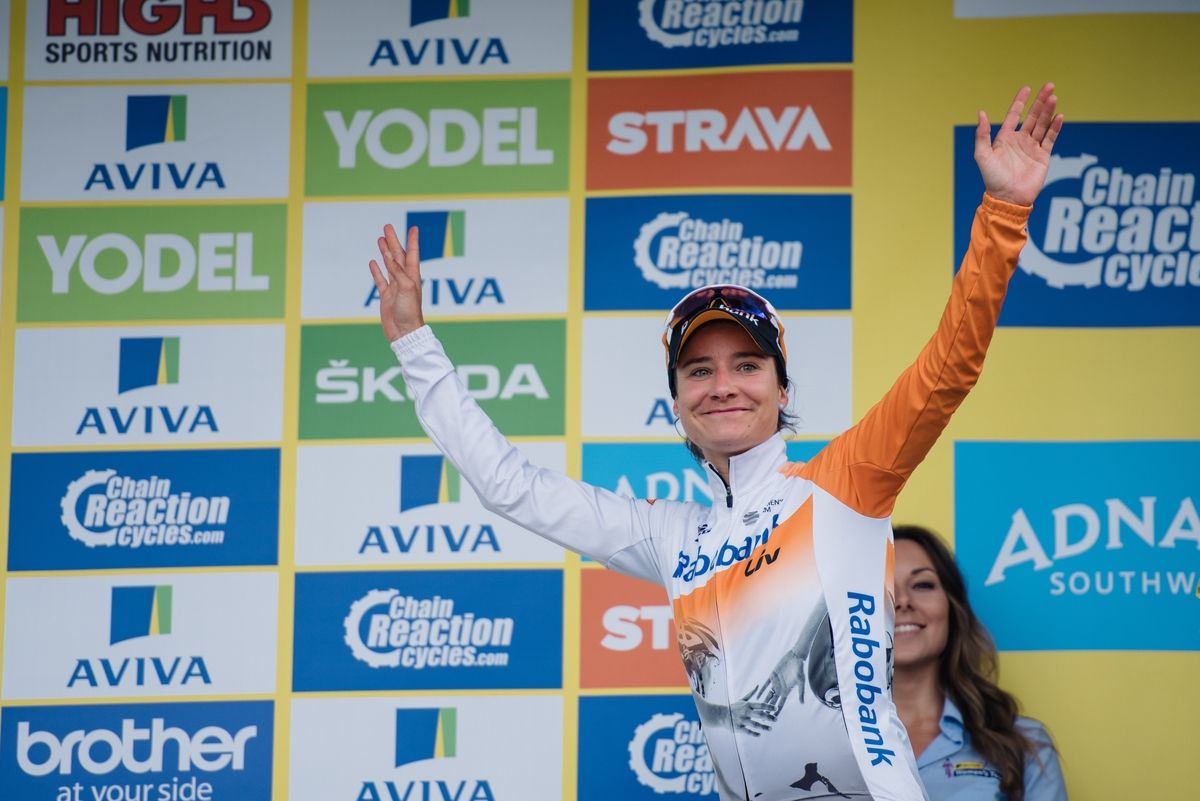 Marianna Vos on the podium at the Aviva Women's Tour after winning stage 4