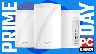 An image of a TP-Link Deco 7 Pro BE14000 mesh router set against a stylized blue background, with Prime Day and a PC Gamer logo on the sides