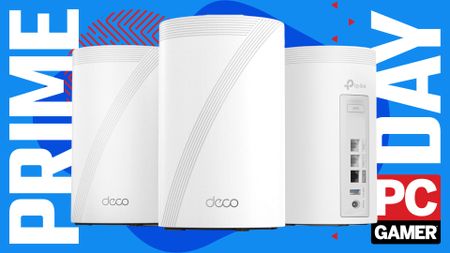 An image of a TP-Link Deco 7 Pro BE14000 mesh router set against a stylized blue background, with Prime Day and a PC Gamer logo on the sides