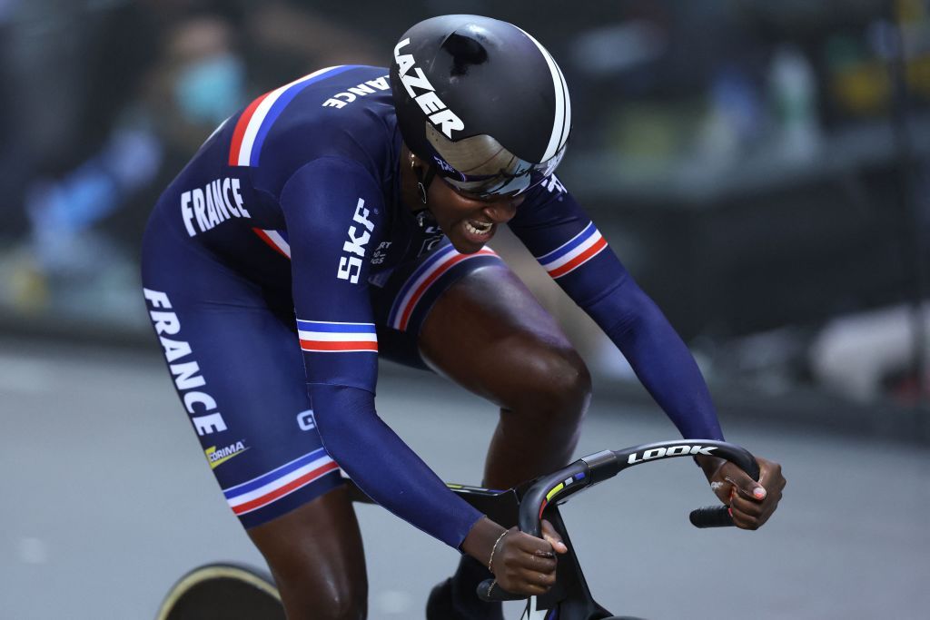 Frances Taky Marie Divine Kouame competes in the Womens 500m time trial final during the UCI Track Cycling World Championships at the Velodrome of SaintQuentinenYvelines southwest of Paris on October 15 2022 Photo by Thomas SAMSON AFP Photo by THOMAS SAMSONAFP via Getty Images