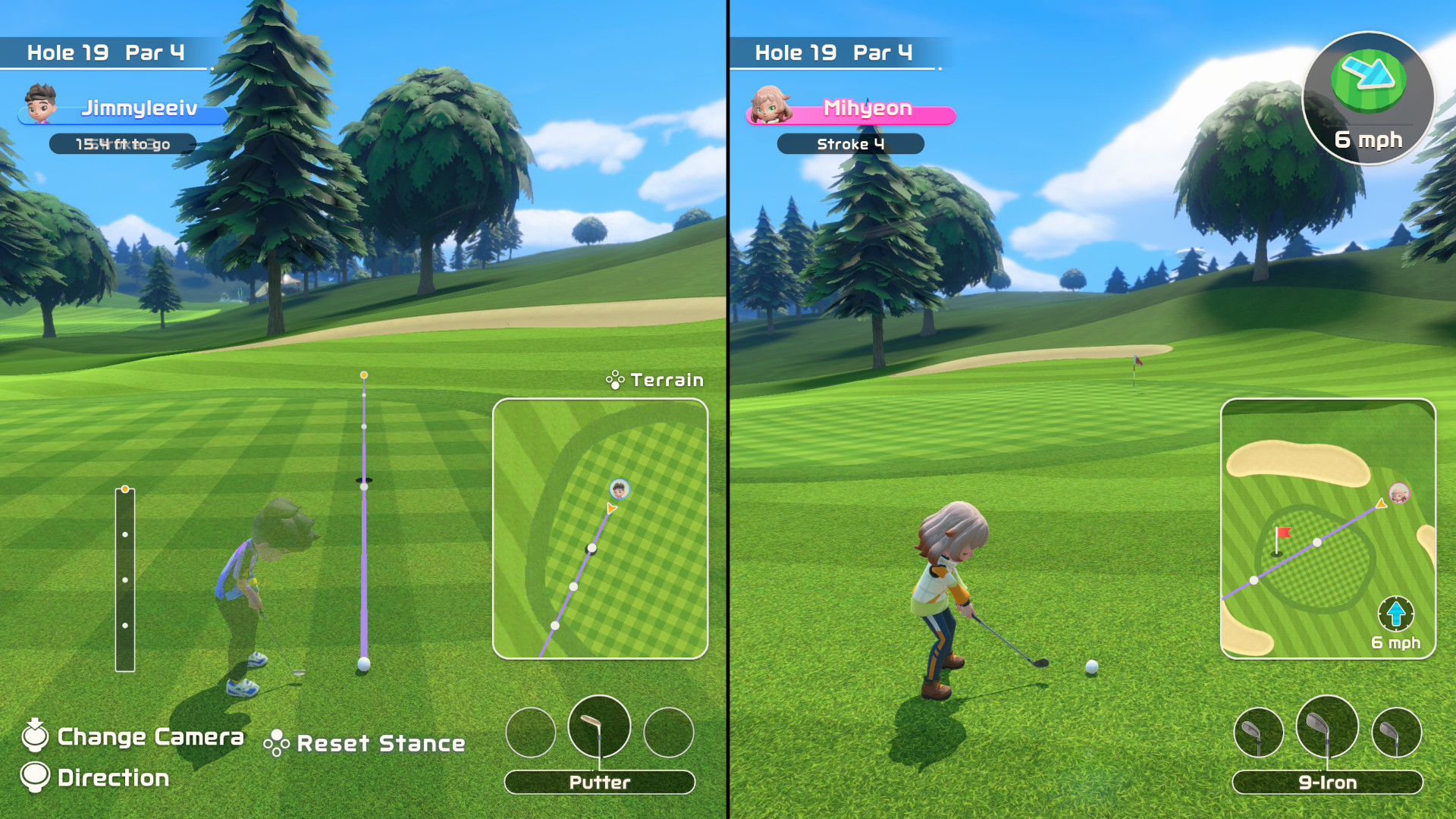 A screenshot showing two players approaching a hole in golf in Nintendo Switch Sports Resort