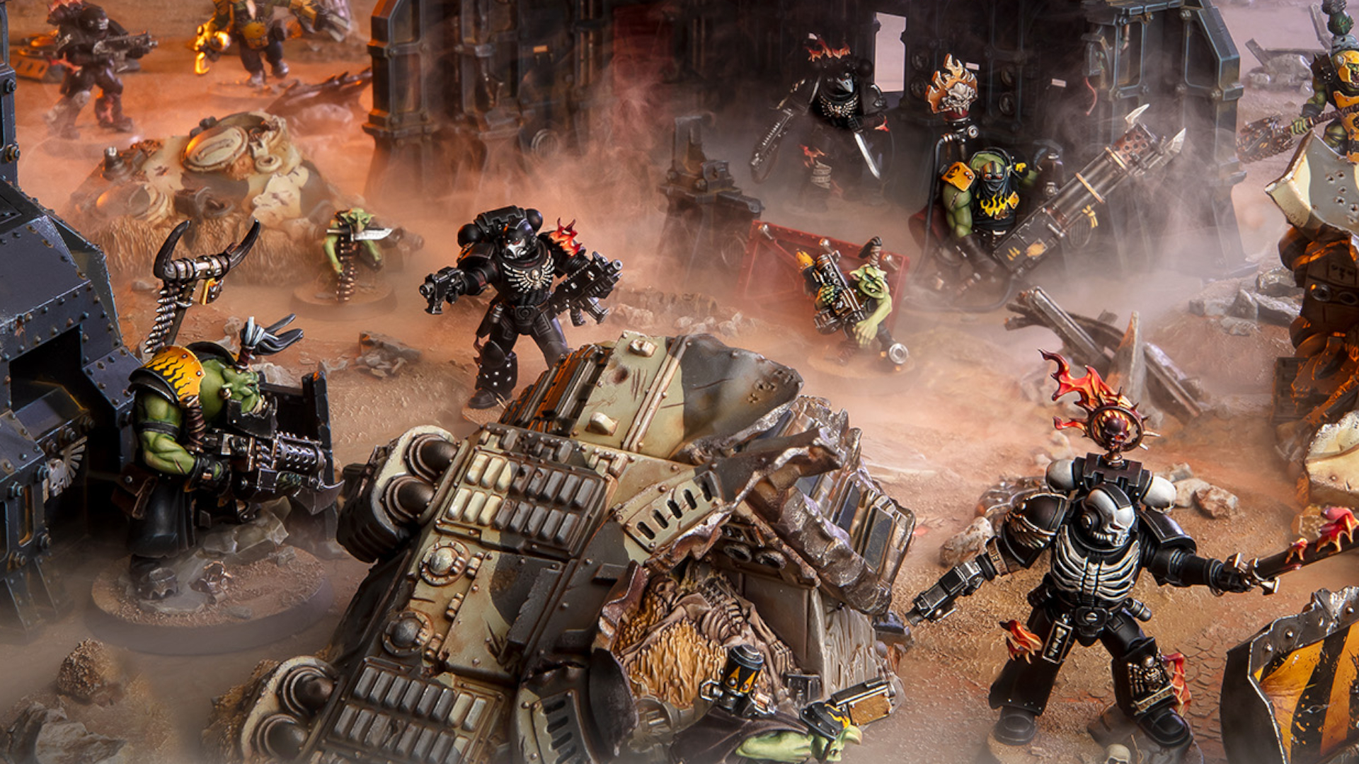 Legion of the Damned fight Ork Nobz on a ruined battlefield in Kill Team: Armageddon
