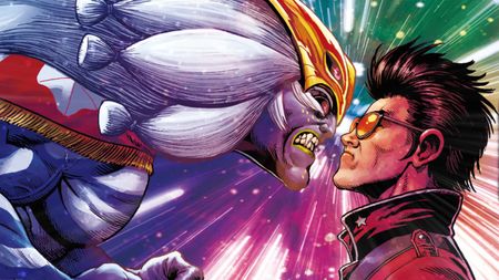 No More Heroes 3 key art of Travis Touchdown facing off against an angry enemy