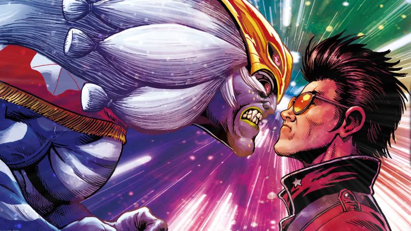 No More Heroes 3 key art of Travis Touchdown facing off against an angry enemy