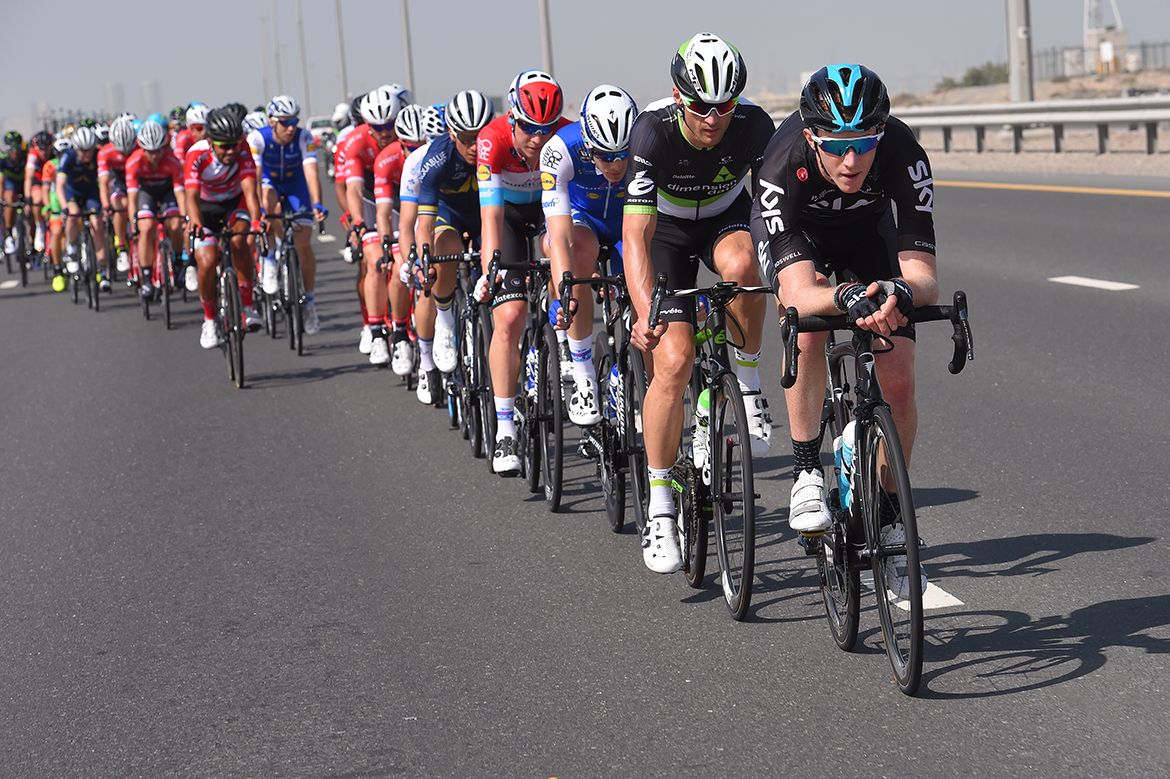 Ian Boswell leads the peloton