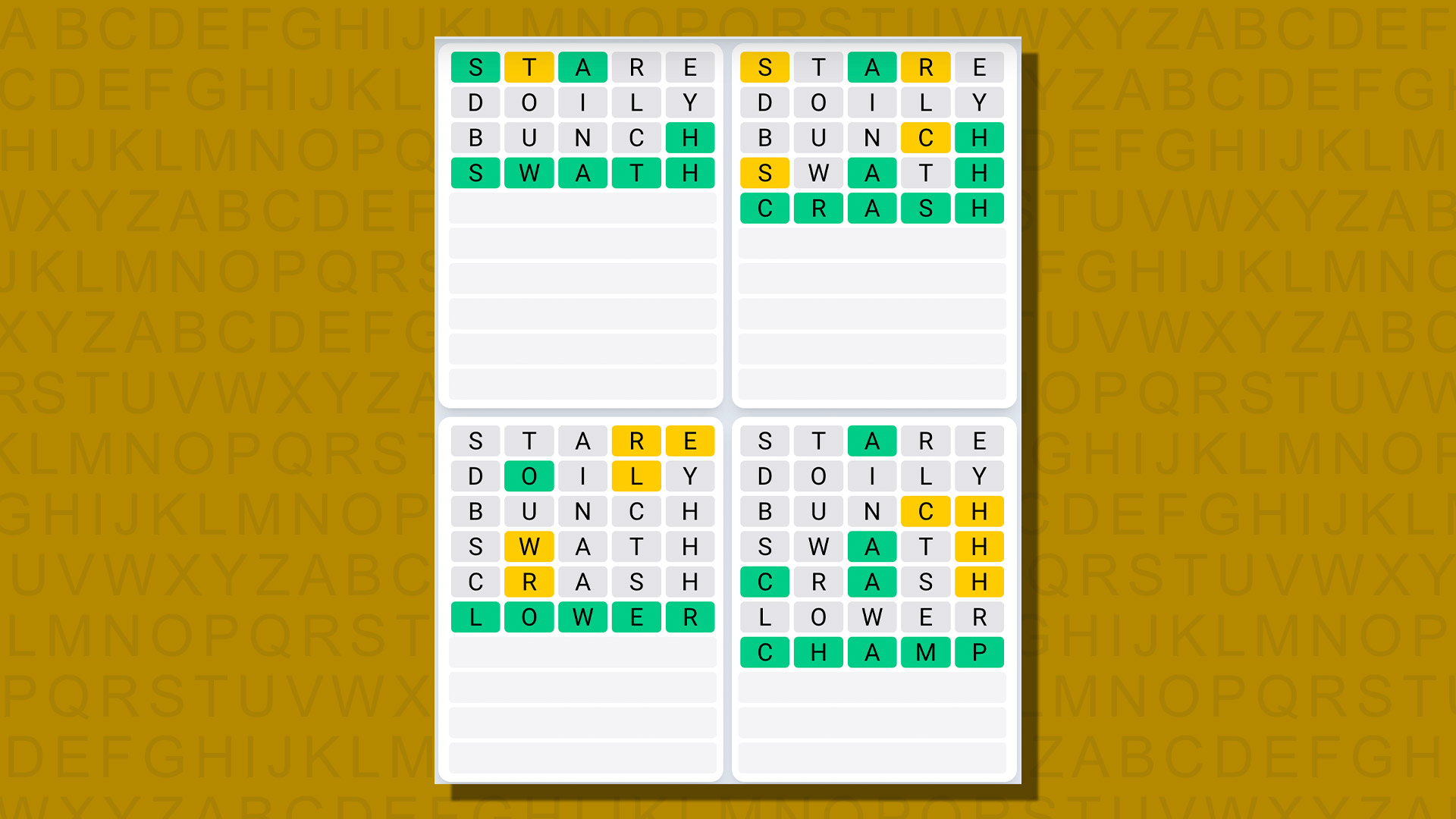 Quordle daily sequence answers for game 800 on a yellow background