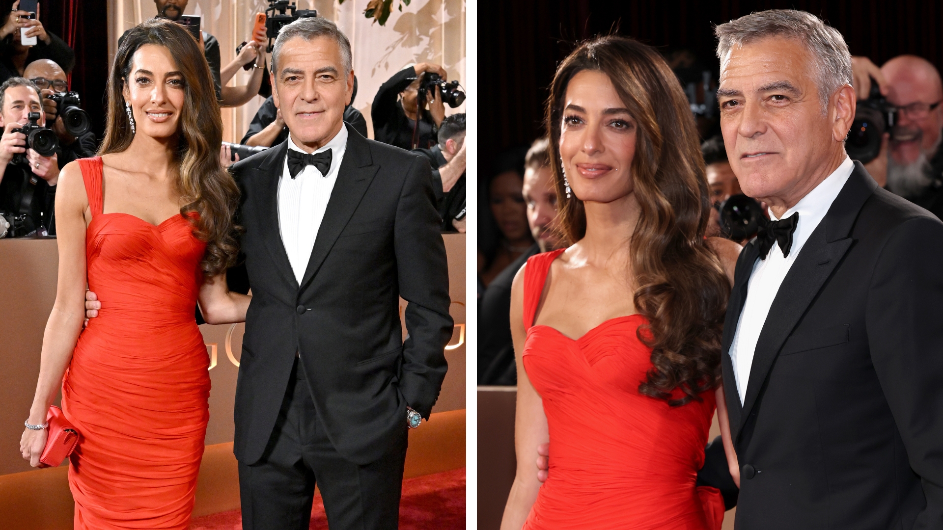 Collage of photos showing Amal and George Clooney on the red carpet at the Golden Globes. Amal has long curled brunette hair to one side and wearing a red ruched dress, George wears a black tuxedo