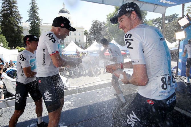 Team Sky's Ian Stannard and Luke Rowe enjoy themselves just a bit too much after scooping the 'best team' prize at the 2018 Tour of California