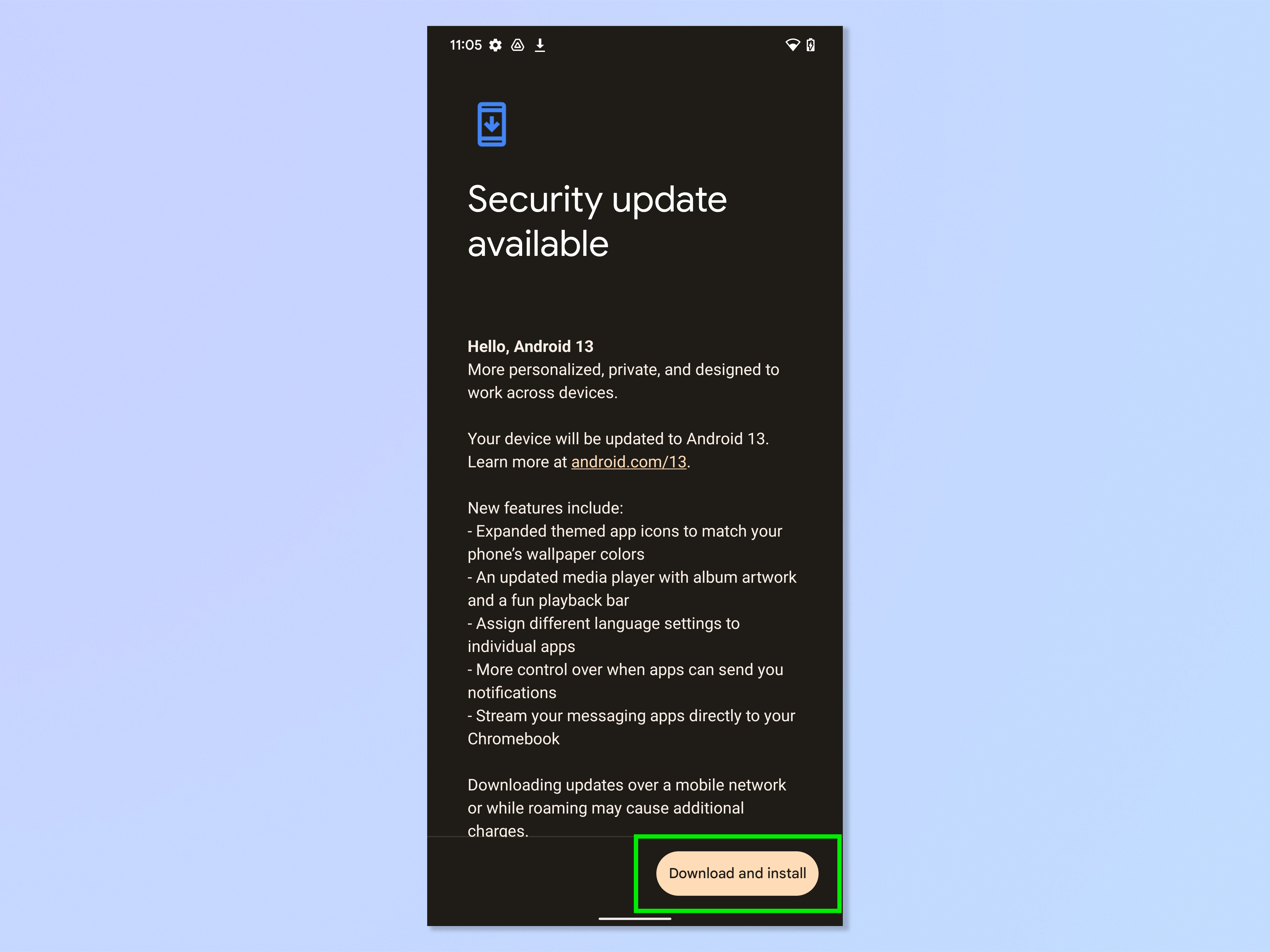 Скриншот, показывающий шаги, необходимые для обновления Android