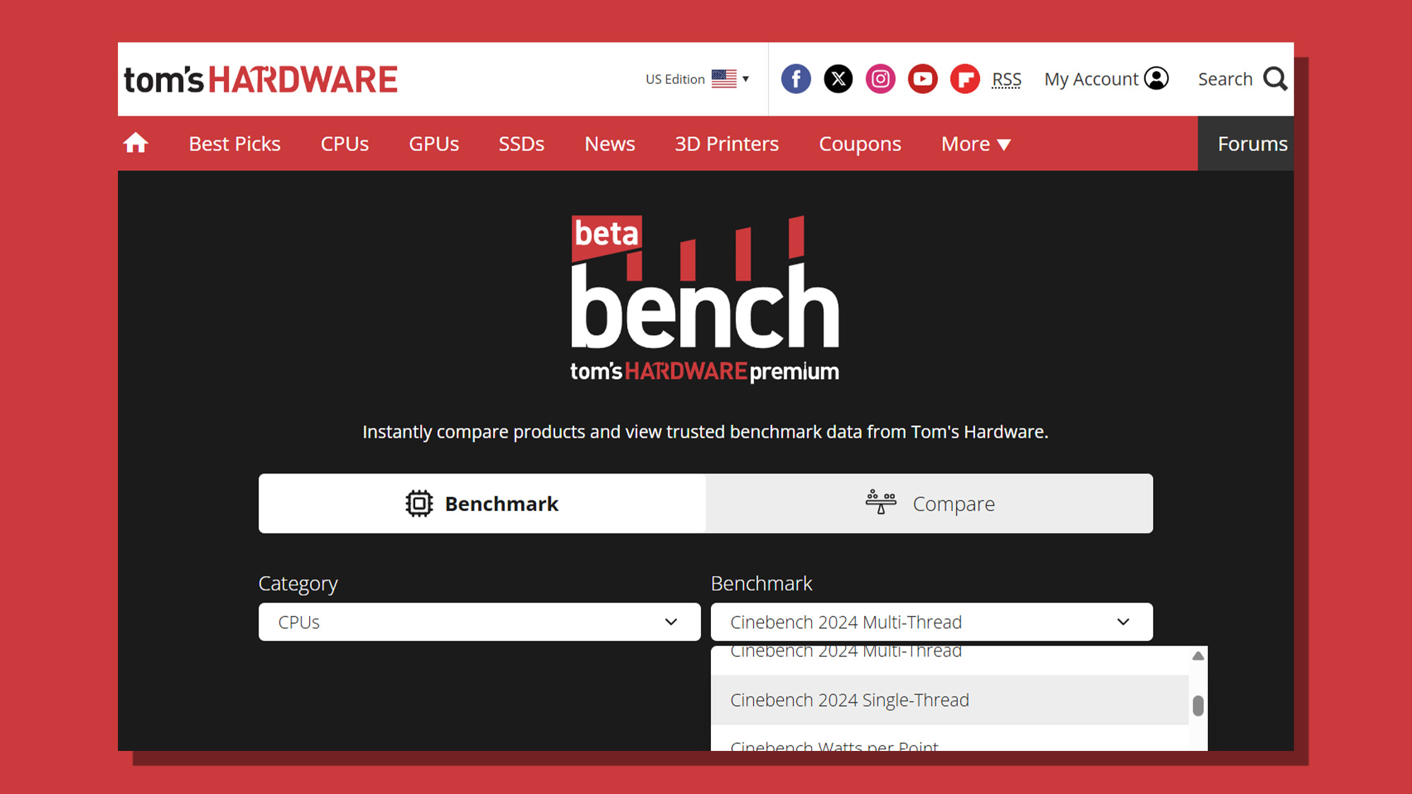 Screenshot of Tom's Hardware Premium Beta on a red background