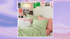 A purple swirly background with a picture of a dorm room with posters on the wall and lots of pillows on the bed.