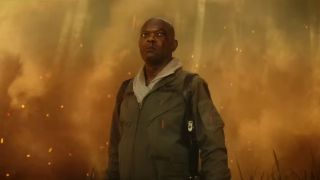 Samuel L Jackson stands defiantly in front of a napalm explosion in Kong: Skull Island.