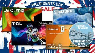 Collage of TVs on sale for Presidents Day