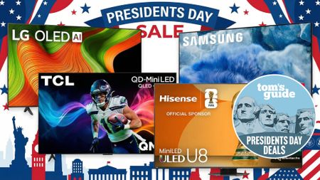 Collage of TVs on sale for Presidents Day