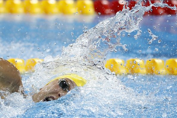 The Olympic swimming pool is a noticeably different color.