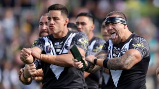 James Fisher-Harris of New Zealand leads the haka during the Men&#039;s Pacific Championship 