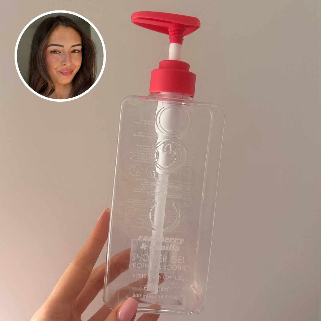 Hand holding an empty bottle of Ciroa Raspberry And Vanilla Shower Gel, with circular photo of Sennen Prickett in top left corner