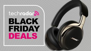 Bose headphones on TechRadar's gray Black Friday poster with 'DEALS' written in pink