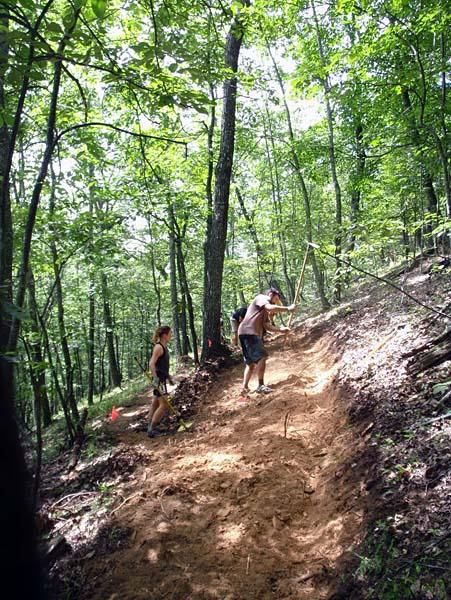 Rich Edwards of IMBA oversees this trail work project.