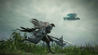 Elden Ring Nightreign character classe Guardian running alongside spectral bird in run intro cutscene