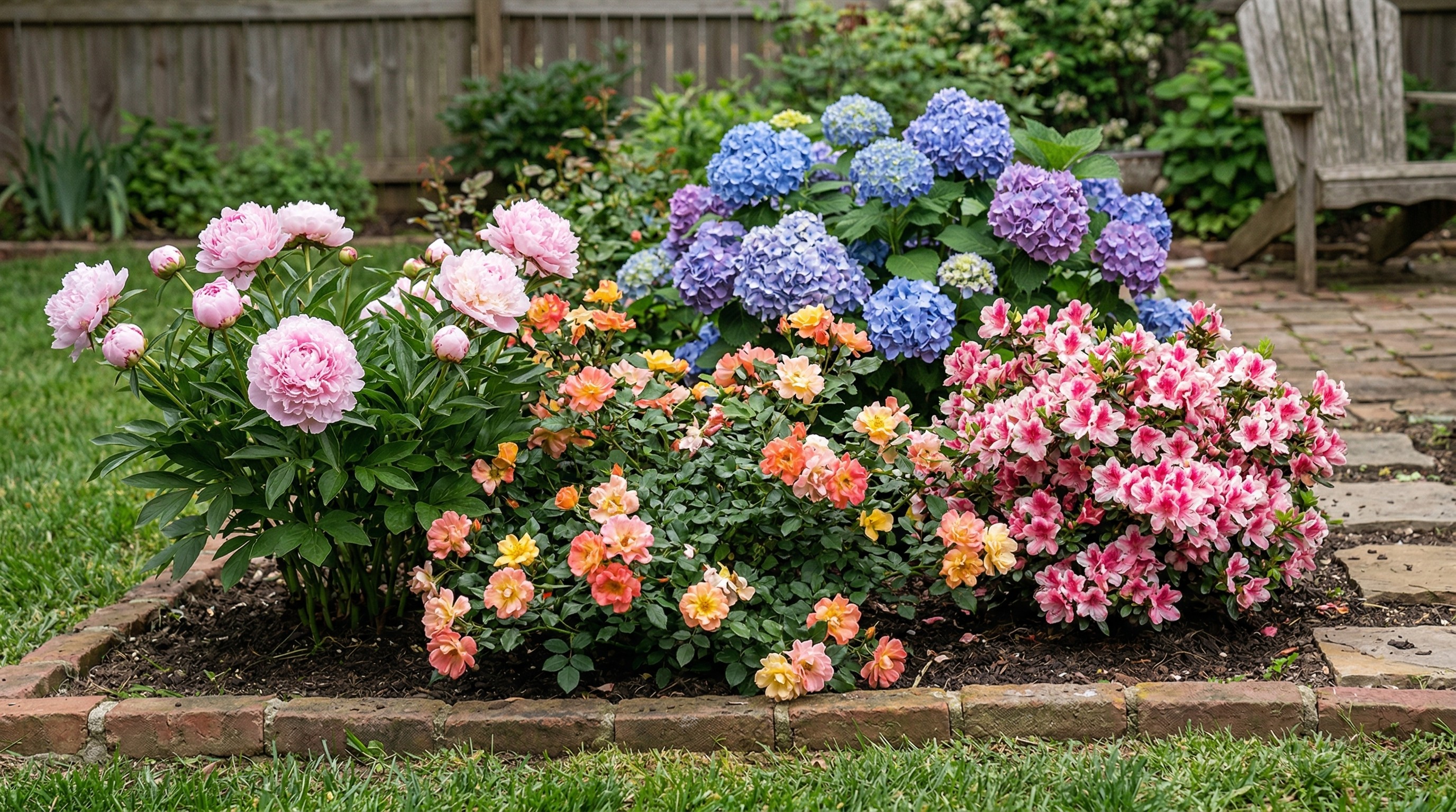Hydrangea, azalea, rose and peony bushes