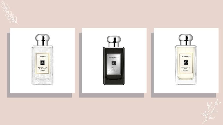 three of the best Jo Malone fragrance picks—English Pear & Freesia, Myrhh & Tonka cologne intense and Pomegranate Noir—on a light pink with light grey shadows around each product image
