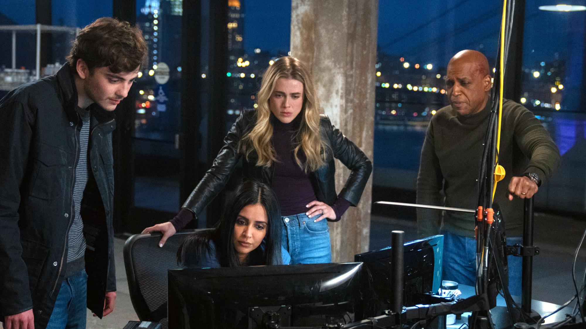 (L to R) Ty Doran as Cal Stone, Parveen Kaur as Saanvhi Bahl, Melissa Roxburgh as Michaela Stone and Daryl Edwards as Robert Vance in Manifest Season 4