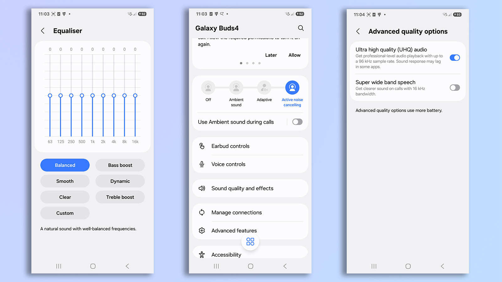 three screenshots from the samsung native app for galaxy buds 4