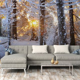 living room with grey sofa white flooring and winter snow scenery wallpaper