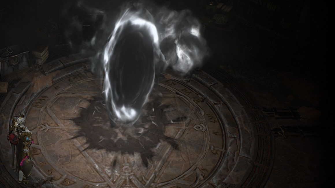 A swirling black and white portal hovers over an ancient stone circle, emanating dark energy.