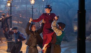Mary Poppins Emily Blunt dancing with Chimney Sweeps in Mary Poppins Returns