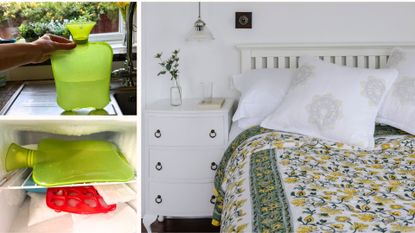 Collage image of the three steps to use the frozen hot water bottle hack to keep cool
