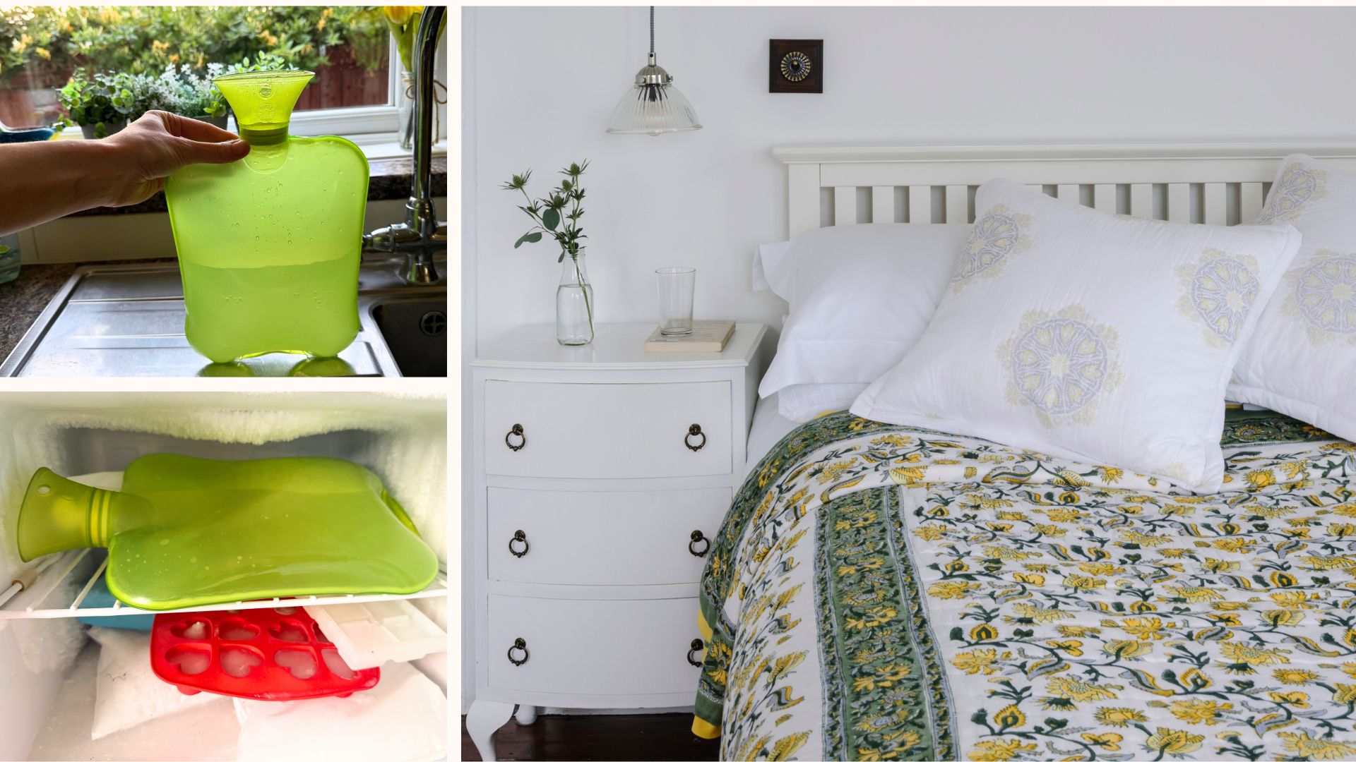 Collage image of the three steps to use the frozen hot water bottle hack to keep cool