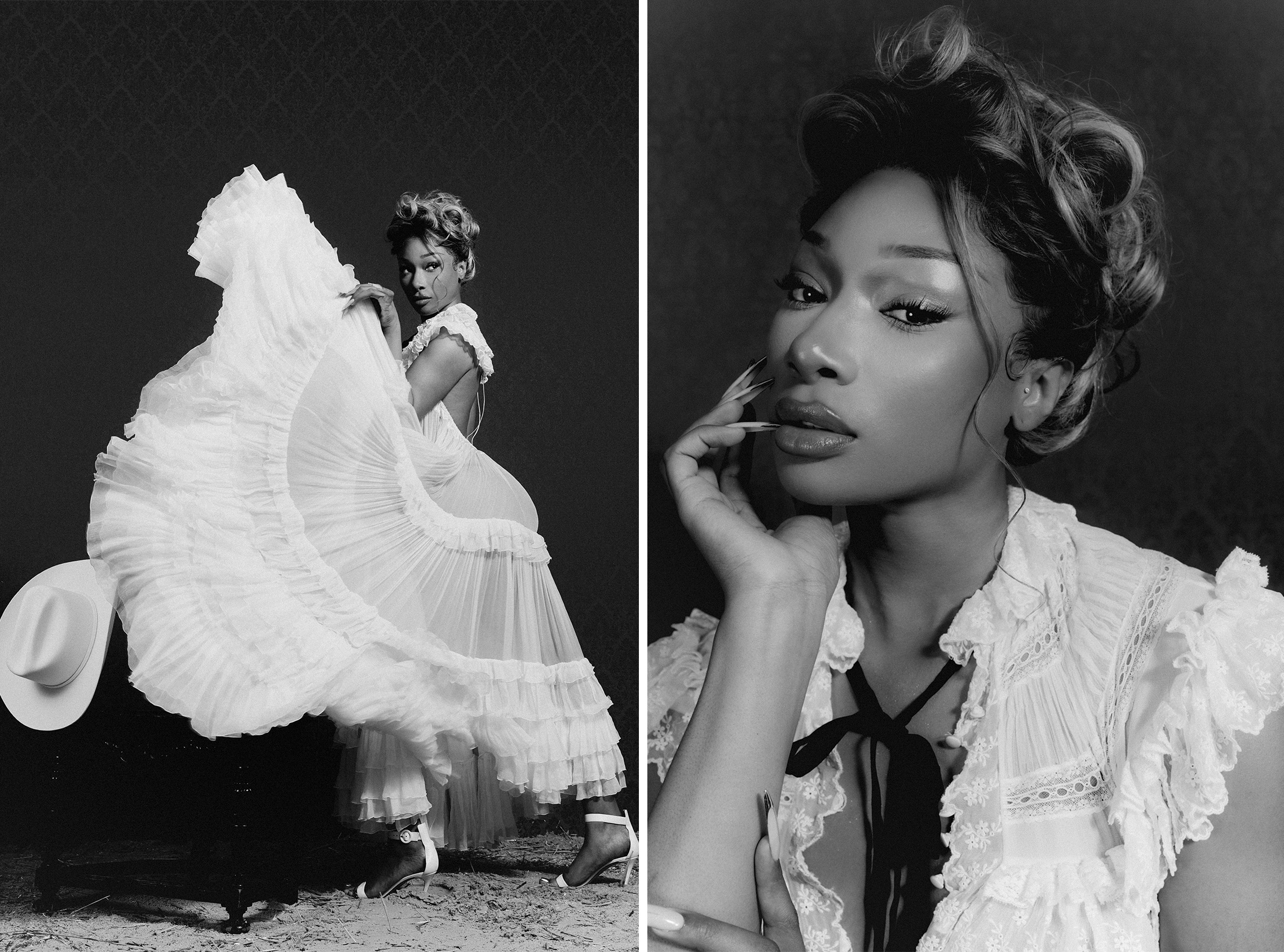 two side by side photos of Megan Thee Stallion wearing a white lace dress