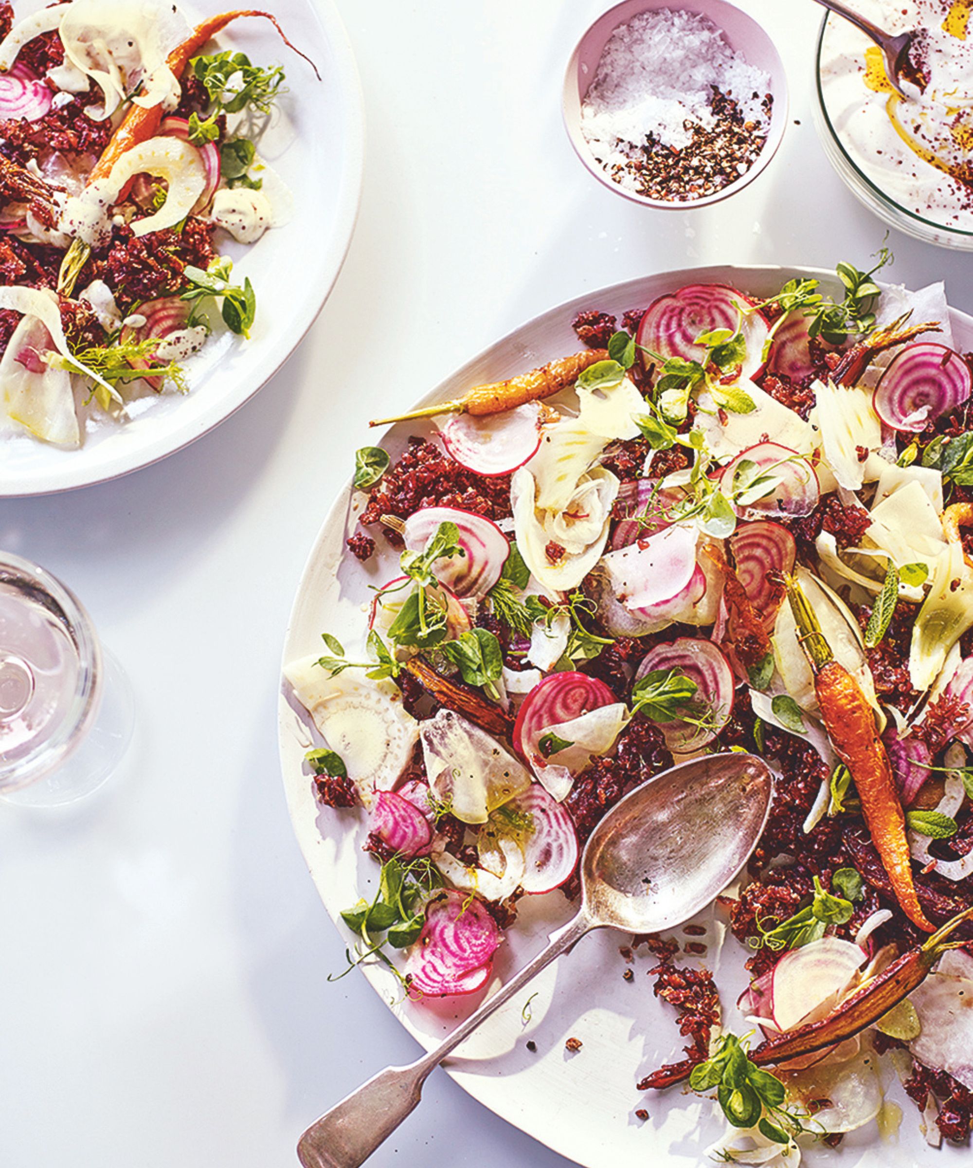Root vegetable salad with crispy rice